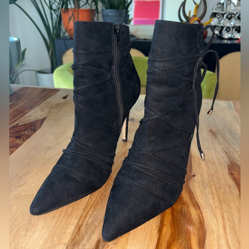 Aldo Black Suede Ankle Booties Side Zip with Tie Lace